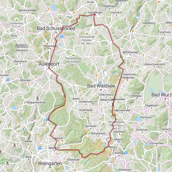 Map miniature of "Gravel Adventure to Aulendorf and Buchbühl" cycling inspiration in Tübingen, Germany. Generated by Tarmacs.app cycling route planner