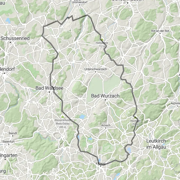 Map miniature of "Epic Road Cycling Adventure to Kislegg and Winterstettenstadt" cycling inspiration in Tübingen, Germany. Generated by Tarmacs.app cycling route planner