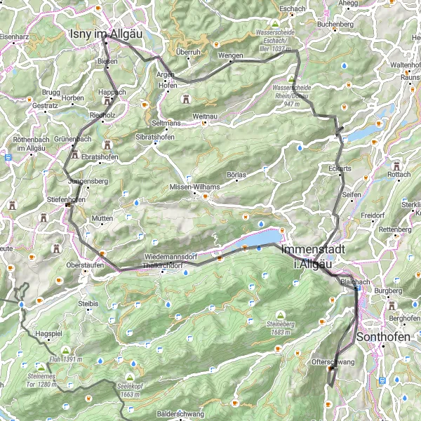 Karten-Miniaturansicht der Radinspiration "Road-Abenteuer: Hasenberg, Immenstadt i.Allgäu, Grünenbach" in Tübingen, Germany. Erstellt vom Tarmacs.app-Routenplaner für Radtouren