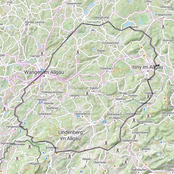 Karten-Miniaturansicht der Radinspiration "Road-Tour durch die Natur: Kreuzberg, Hergensweiler, Berger Höhe" in Tübingen, Germany. Erstellt vom Tarmacs.app-Routenplaner für Radtouren