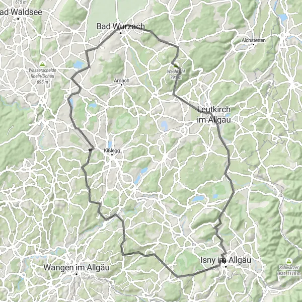 Karten-Miniaturansicht der Radinspiration "84 km Road-Tour: Siggener Höhe, Bad Wurzach, Leutkirch im Allgäu" in Tübingen, Germany. Erstellt vom Tarmacs.app-Routenplaner für Radtouren