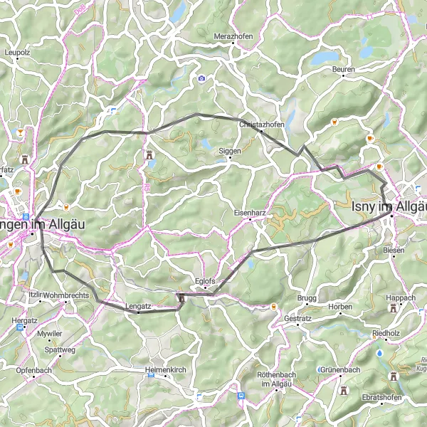 Karten-Miniaturansicht der Radinspiration "Rundfahrt um Isny: Lengatz, Wangen im Allgäu, Göttlishofen" in Tübingen, Germany. Erstellt vom Tarmacs.app-Routenplaner für Radtouren