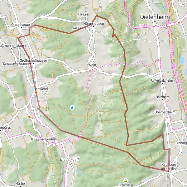 Map miniature of "Gravel Adventure in the Iller Valley" cycling inspiration in Tübingen, Germany. Generated by Tarmacs.app cycling route planner
