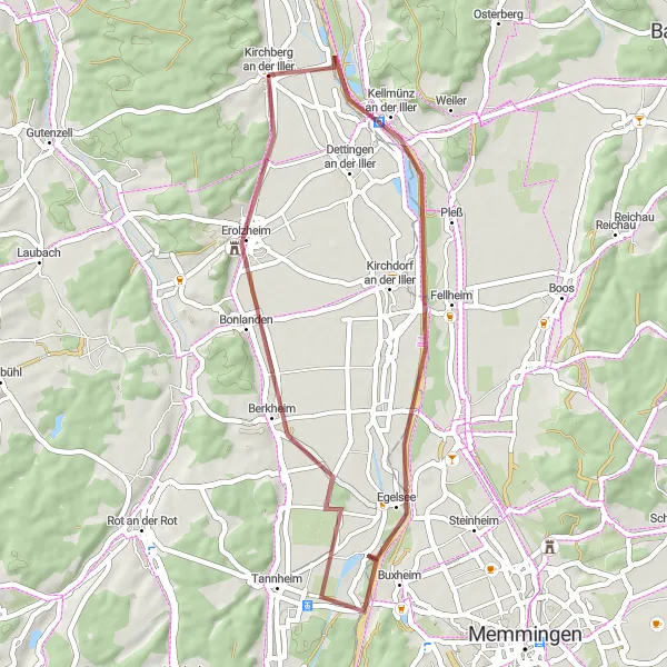 Map miniature of "Relaxing Gravel Ride in the Iller Valley" cycling inspiration in Tübingen, Germany. Generated by Tarmacs.app cycling route planner