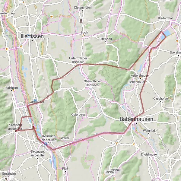 Map miniature of "Scenic Gravel Tour of the Iller Valley" cycling inspiration in Tübingen, Germany. Generated by Tarmacs.app cycling route planner