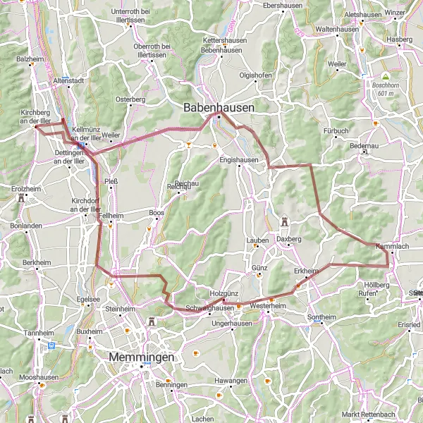 Map miniature of "Gravel Adventure around Kirchberg an der Iller" cycling inspiration in Tübingen, Germany. Generated by Tarmacs.app cycling route planner