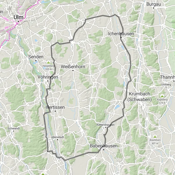 Map miniature of "Dietenheim to Kellmünz an der Iller Road Cycling Route" cycling inspiration in Tübingen, Germany. Generated by Tarmacs.app cycling route planner