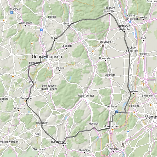 Map miniature of "Idyllic Countryside Ride from Kirchberg an der Iller" cycling inspiration in Tübingen, Germany. Generated by Tarmacs.app cycling route planner