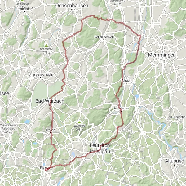 Map miniature of "Around Kißlegg: The Gravel Adventure" cycling inspiration in Tübingen, Germany. Generated by Tarmacs.app cycling route planner