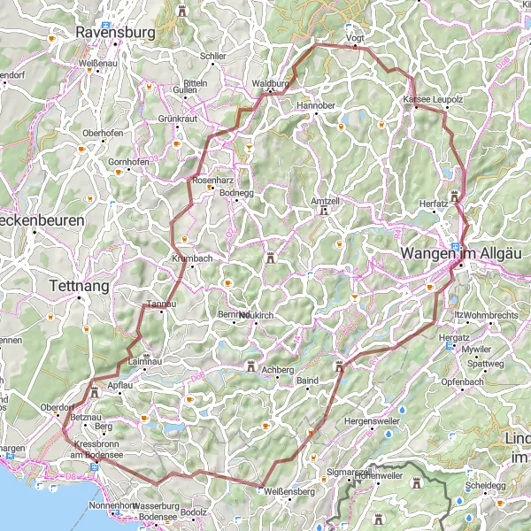 Karten-Miniaturansicht der Radinspiration "Gravel-Tour um Kressbronn am Bodensee" in Tübingen, Germany. Erstellt vom Tarmacs.app-Routenplaner für Radtouren