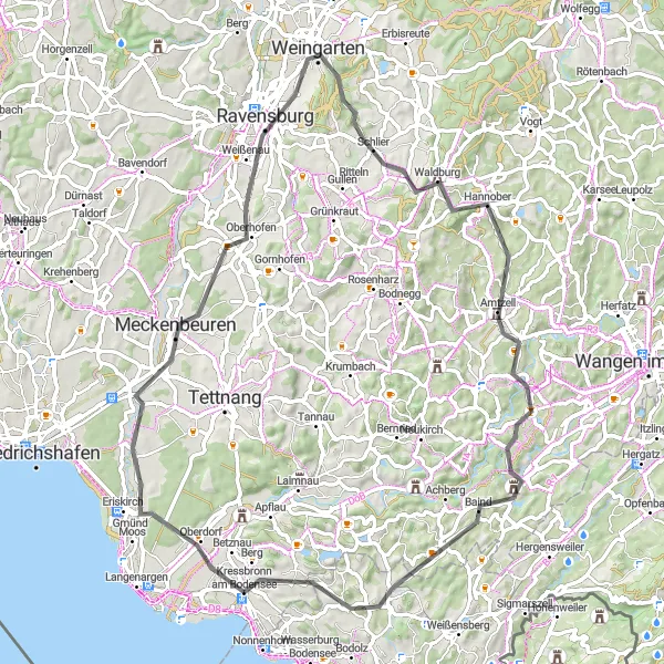 Map miniature of "Eriskirch Loop" cycling inspiration in Tübingen, Germany. Generated by Tarmacs.app cycling route planner