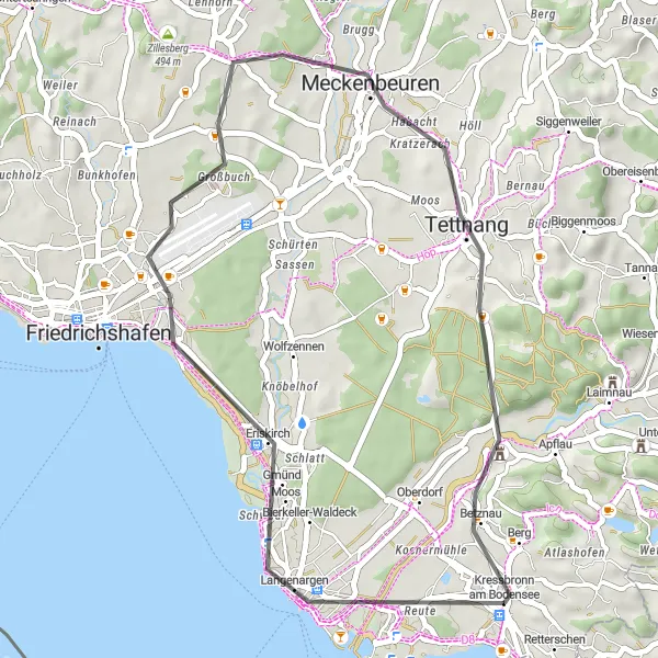 Map miniature of "Langenargen and Schussenmündung Loop" cycling inspiration in Tübingen, Germany. Generated by Tarmacs.app cycling route planner