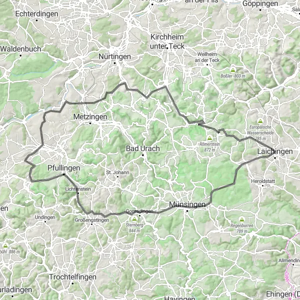 Map miniature of "Lichtenstein Castle Loop" cycling inspiration in Tübingen, Germany. Generated by Tarmacs.app cycling route planner