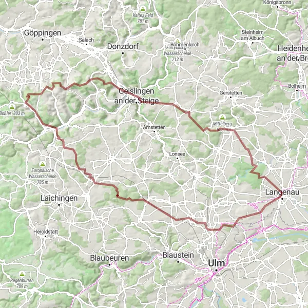 Karten-Miniaturansicht der Radinspiration "Weite Gravel-Tour von Langenau nach Börslingen" in Tübingen, Germany. Erstellt vom Tarmacs.app-Routenplaner für Radtouren