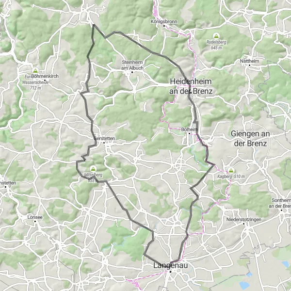 Map miniature of "Langenau Epic Climbs" cycling inspiration in Tübingen, Germany. Generated by Tarmacs.app cycling route planner