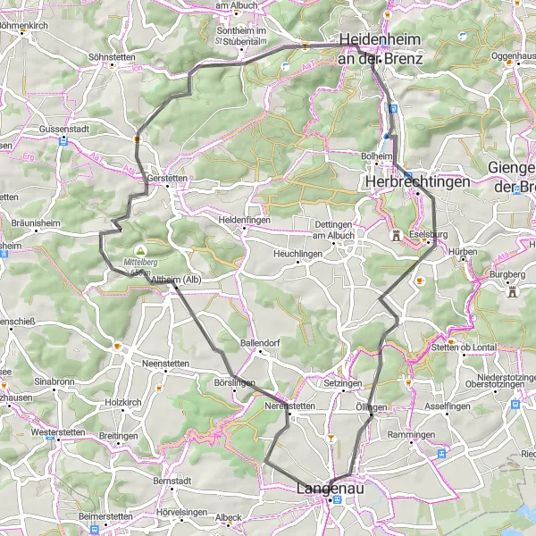 Map miniature of "The Langenau to Heidenheim Loop" cycling inspiration in Tübingen, Germany. Generated by Tarmacs.app cycling route planner