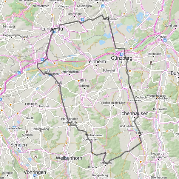 Karten-Miniaturansicht der Radinspiration "76 km Rundfahrt nach Günzburg" in Tübingen, Germany. Erstellt vom Tarmacs.app-Routenplaner für Radtouren