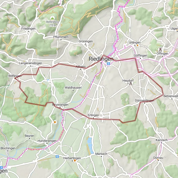 Map miniature of "Gravel Adventure in the Danube Valley" cycling inspiration in Tübingen, Germany. Generated by Tarmacs.app cycling route planner