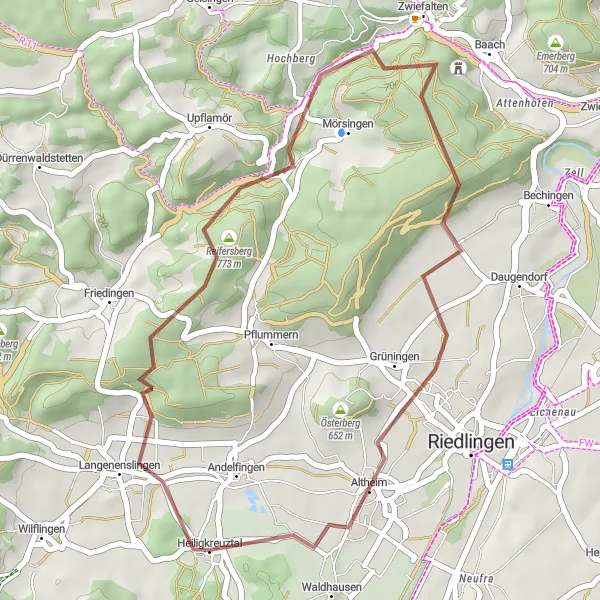 Map miniature of "Zwiefalten Gravel Loop" cycling inspiration in Tübingen, Germany. Generated by Tarmacs.app cycling route planner