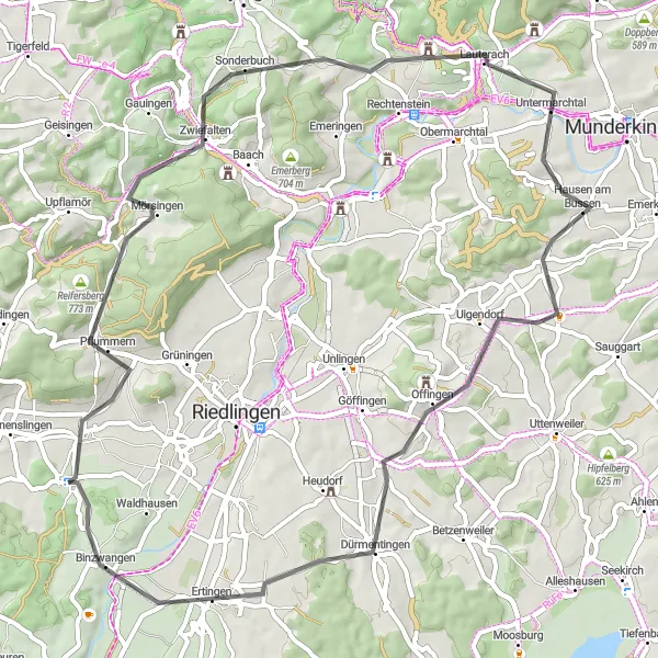 Map miniature of "The Castle and Monastery Route" cycling inspiration in Tübingen, Germany. Generated by Tarmacs.app cycling route planner