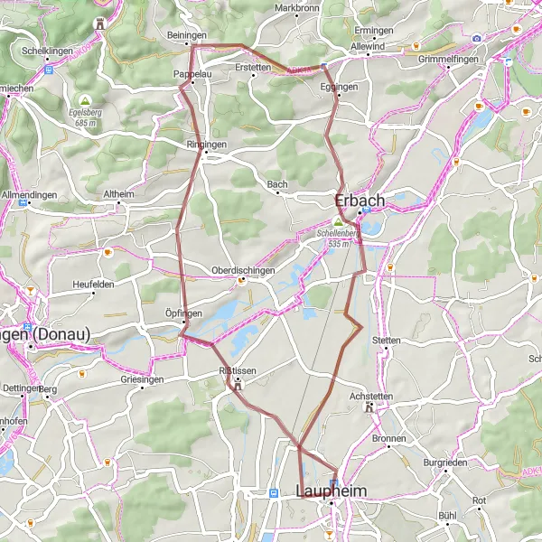 Map miniature of "Öpfingen and Erbach Gravel Ride" cycling inspiration in Tübingen, Germany. Generated by Tarmacs.app cycling route planner