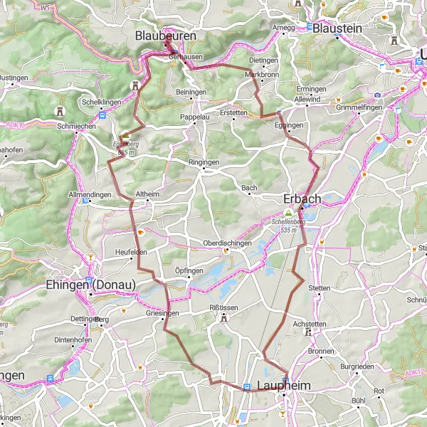 Map miniature of "Gravel Trail Discovery" cycling inspiration in Tübingen, Germany. Generated by Tarmacs.app cycling route planner