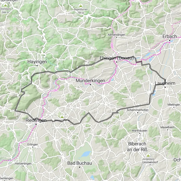 Map miniature of "Moosbeuren and Riedlingen Road Ride" cycling inspiration in Tübingen, Germany. Generated by Tarmacs.app cycling route planner