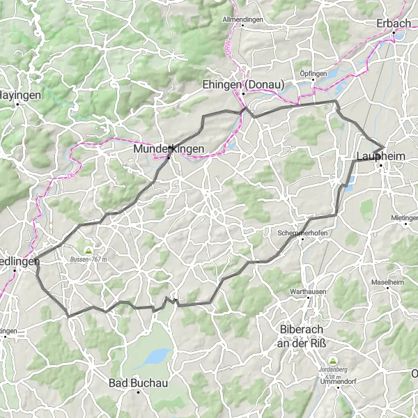 Map miniature of "The Donau River Loop" cycling inspiration in Tübingen, Germany. Generated by Tarmacs.app cycling route planner