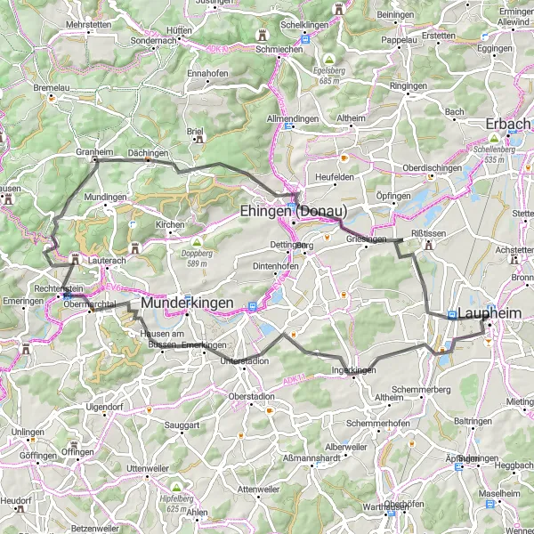Map miniature of "Obermarchtal and Untersulmetingen Road Adventure" cycling inspiration in Tübingen, Germany. Generated by Tarmacs.app cycling route planner
