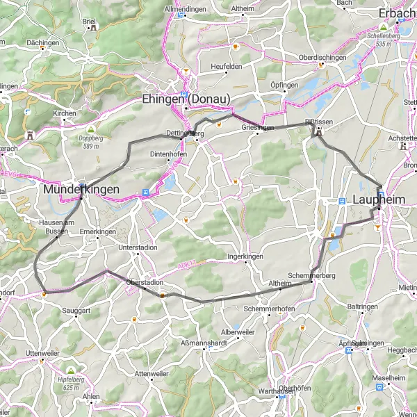 Map miniature of "Road Cycling Adventure - Griesingen Loop" cycling inspiration in Tübingen, Germany. Generated by Tarmacs.app cycling route planner
