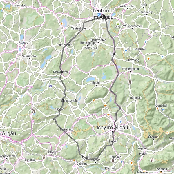 Map miniature of "Land of Peaks" cycling inspiration in Tübingen, Germany. Generated by Tarmacs.app cycling route planner