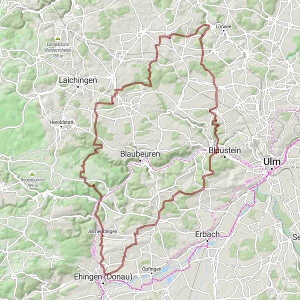 Map miniature of "Blau/Donau Watershed Gravel Route" cycling inspiration in Tübingen, Germany. Generated by Tarmacs.app cycling route planner