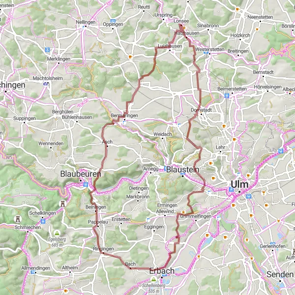 Karten-Miniaturansicht der Radinspiration "Gravel Tour durch Lonsee und Umgebung" in Tübingen, Germany. Erstellt vom Tarmacs.app-Routenplaner für Radtouren