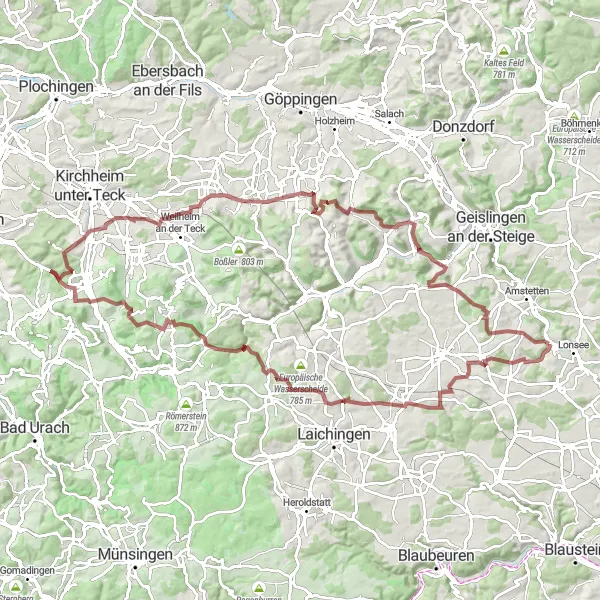 Karten-Miniaturansicht der Radinspiration "Eindrucksvolle Gravel Tour um Lonsee" in Tübingen, Germany. Erstellt vom Tarmacs.app-Routenplaner für Radtouren