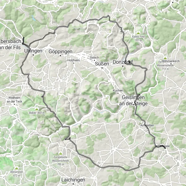 Karten-Miniaturansicht der Radinspiration "Herausfordernde Route nach Geislingen an der Steige" in Tübingen, Germany. Erstellt vom Tarmacs.app-Routenplaner für Radtouren