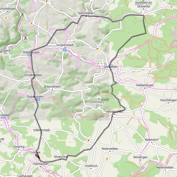 Map miniature of "Lonsee Scenic Route" cycling inspiration in Tübingen, Germany. Generated by Tarmacs.app cycling route planner