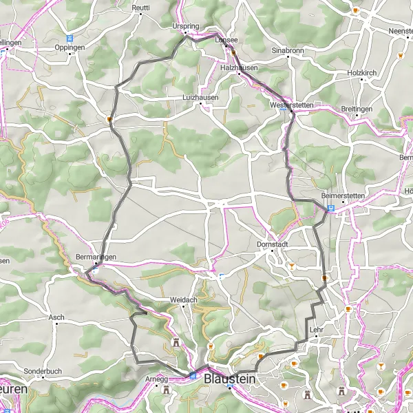 Map miniature of "Lonsee Countryside Adventure" cycling inspiration in Tübingen, Germany. Generated by Tarmacs.app cycling route planner
