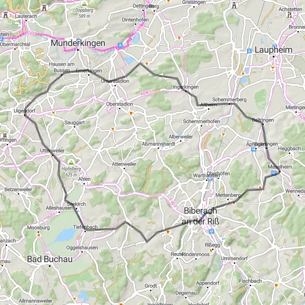 Map miniature of "Maselheim - Lindele - Mittelbiberach - Aussichtsplattform Federsee - Seekirch - Emerkingen - Schemmerberg - Sulmingen - Maselheim" cycling inspiration in Tübingen, Germany. Generated by Tarmacs.app cycling route planner