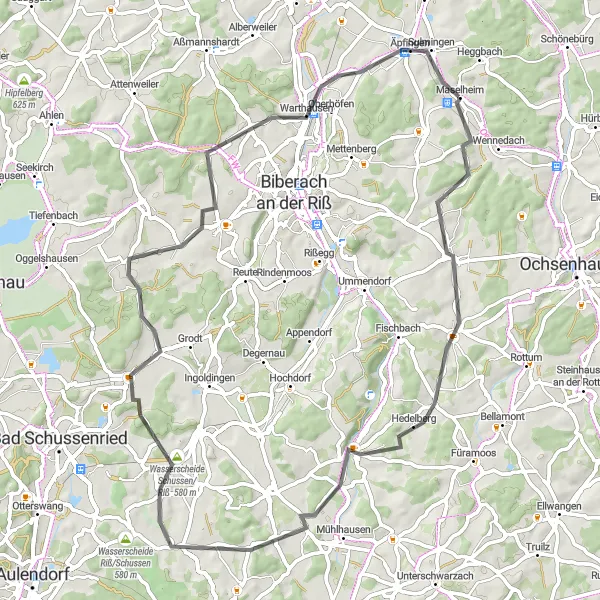 Map miniature of "The Hilly Road through Aspen, Ringschnait, Eberhardzell, and More" cycling inspiration in Tübingen, Germany. Generated by Tarmacs.app cycling route planner