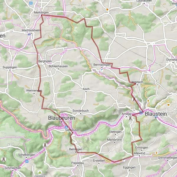 Map miniature of "Bermaringen Gravel Adventure" cycling inspiration in Tübingen, Germany. Generated by Tarmacs.app cycling route planner