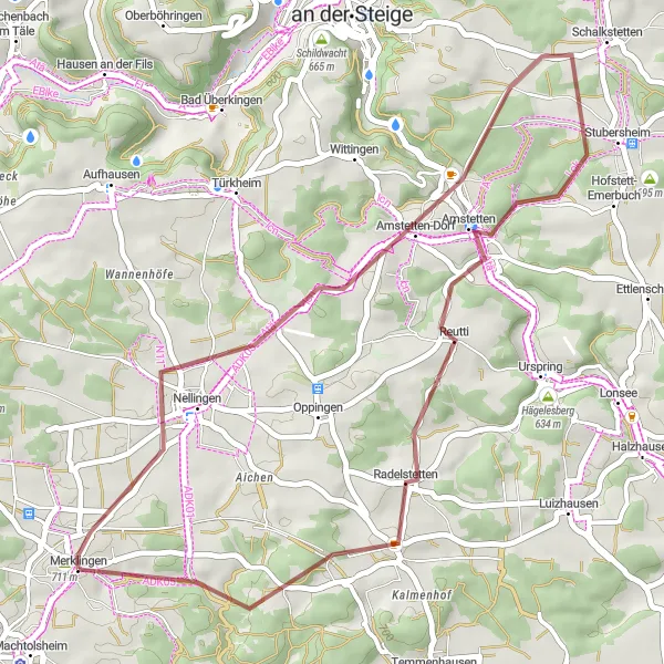 Map miniature of "Scenic Gravel Ride: Merklingen to Scharenstetten" cycling inspiration in Tübingen, Germany. Generated by Tarmacs.app cycling route planner