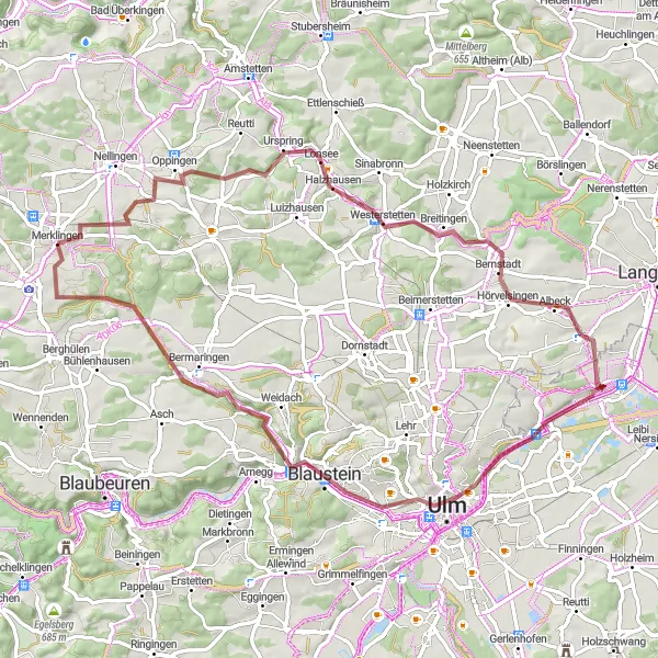 Map miniature of "Lonsee Scenic Gravel Adventure" cycling inspiration in Tübingen, Germany. Generated by Tarmacs.app cycling route planner