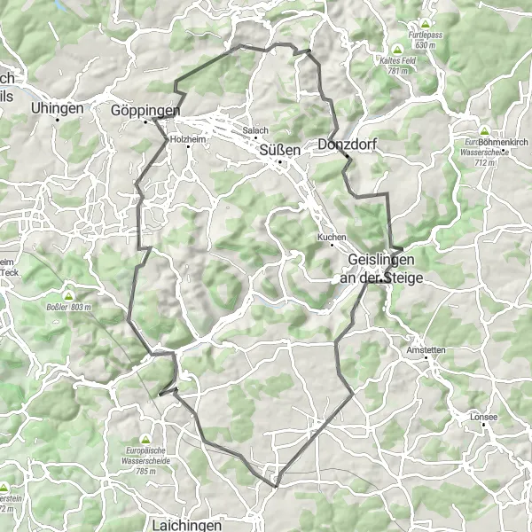 Map miniature of "The Drackenstein Route" cycling inspiration in Tübingen, Germany. Generated by Tarmacs.app cycling route planner
