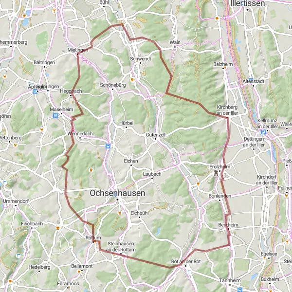 Map miniature of "Gravel Adventure to Mietingen" cycling inspiration in Tübingen, Germany. Generated by Tarmacs.app cycling route planner