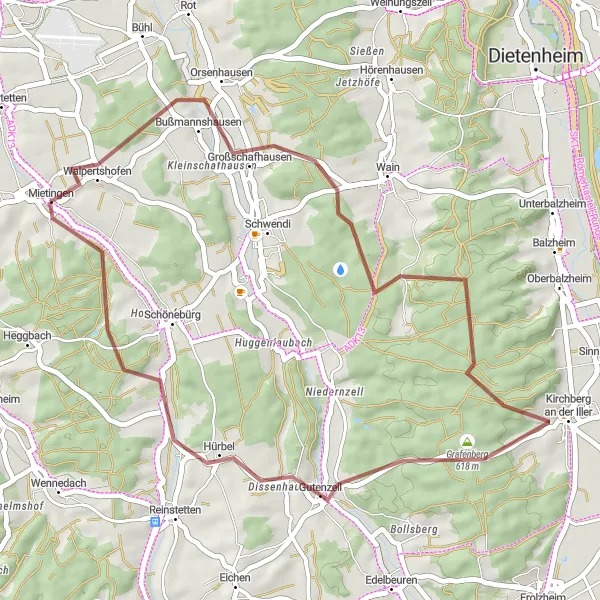 Map miniature of "Großschafhausen - Aussichtsplattform - Kirchberg an der Iller - Mietingen" cycling inspiration in Tübingen, Germany. Generated by Tarmacs.app cycling route planner