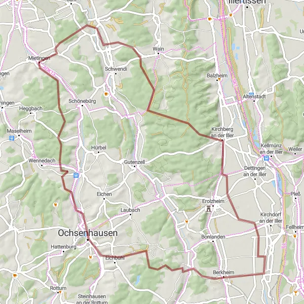 Map miniature of "Illerberg via Bußmannshausen" cycling inspiration in Tübingen, Germany. Generated by Tarmacs.app cycling route planner