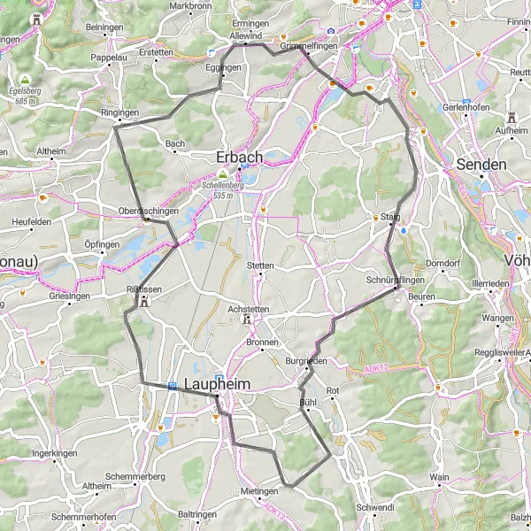 Map miniature of "Laupheim and Beyond" cycling inspiration in Tübingen, Germany. Generated by Tarmacs.app cycling route planner