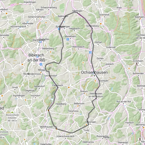 Map miniature of "Ochsenhausen - Steinhausen an der Rottum - Eberhardzell - Jordanberg - Laupertshausen - Baltringen" cycling inspiration in Tübingen, Germany. Generated by Tarmacs.app cycling route planner