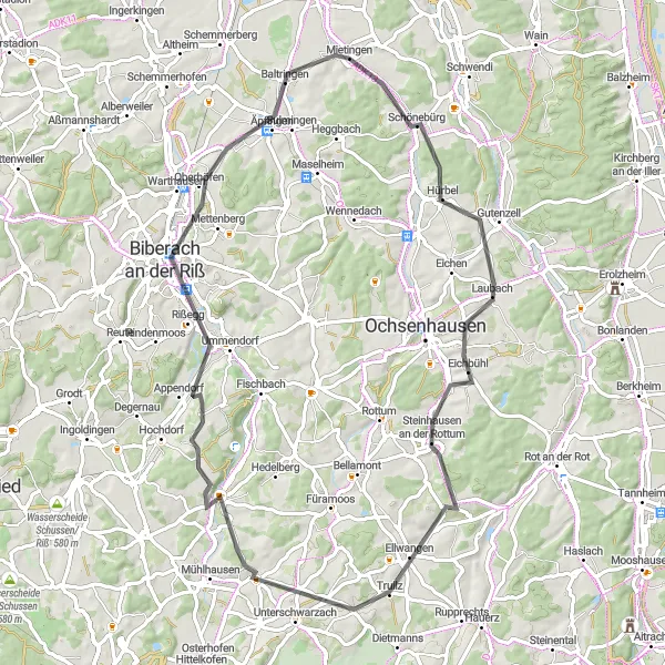 Map miniature of "Biberach an der Riß Loop" cycling inspiration in Tübingen, Germany. Generated by Tarmacs.app cycling route planner