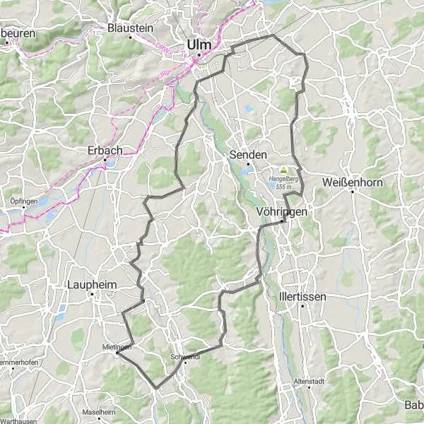 Map miniature of "Burgrieden - Altheim ob Weihung - Kapellenberg - Holzheim - Illerrieden - Wain - Mietingen" cycling inspiration in Tübingen, Germany. Generated by Tarmacs.app cycling route planner